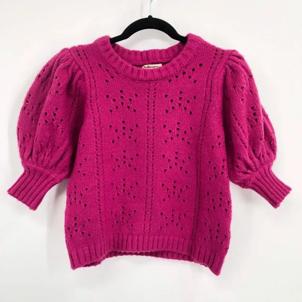 For Love and Lemons Brooke Puff Sleeve Pointelle Knit Sweater Juice Pink MEDIUM